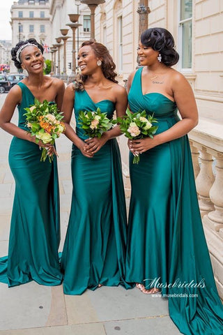 Silk Satin Mermaid One Shoulder Long Bridesmaid Dresses With Train