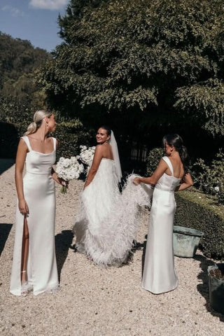 Silk Satin Sheath Scoop Neck Long Bridesmaid Dresses With Slit