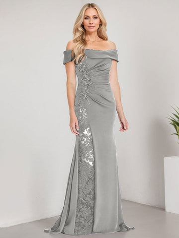 A-Line Off the Shoulder Floor-Length Mother of the Bride Dress Applique Beadings Mermaid Dress With  High Split