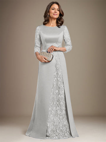 A-Line Scoop Floor-Length Lace Satin Mother Of the Bride Dress With Applique