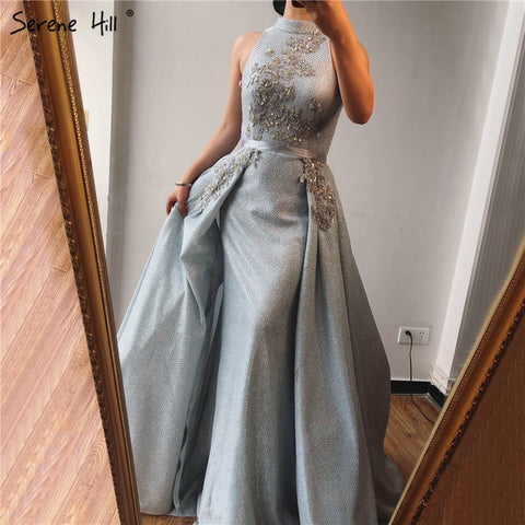 Sale Silver Dubai Sleeveless Sexy Evening Dresses 2025 Beading Sequined Mermaid Evening Gowns Design Real Photo LA70215