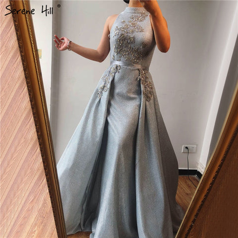 Sale Silver Dubai Sleeveless Sexy Evening Dresses 2025 Beading Sequined Mermaid Evening Gowns Design Real Photo LA70215