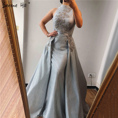 Sale Silver Dubai Sleeveless Sexy Evening Dresses 2025 Beading Sequined Mermaid Evening Gowns Design Real Photo LA70215