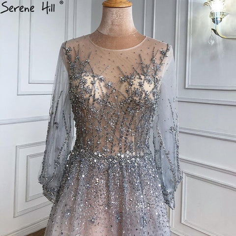 Silver Luxury Long Sleeves Dubai Evening Dresses 2025 A-Line Sequins Beading Sexy Formal Dress LA70418