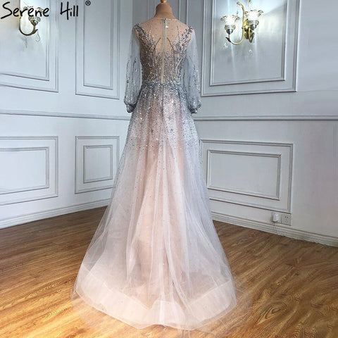 Silver Luxury Long Sleeves Dubai Evening Dresses 2025 A-Line Sequins Beading Sexy Formal Dress LA70418