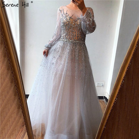 Silver Luxury Long Sleeves Dubai Evening Dresses 2025 A-Line Sequins Beading Sexy Formal Dress LA70418