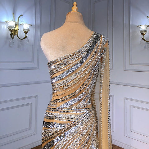 Silver Nude Mermaid Luxury Evening Dresses Gowns 2025 Elegant One Shoulder Beaded For Women Party Night LA71413