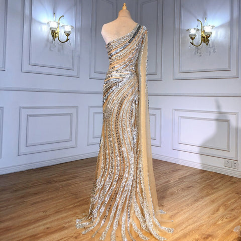 Silver Nude Mermaid Luxury Evening Dresses Gowns 2025 Elegant One Shoulder Beaded For Women Party Night LA71413