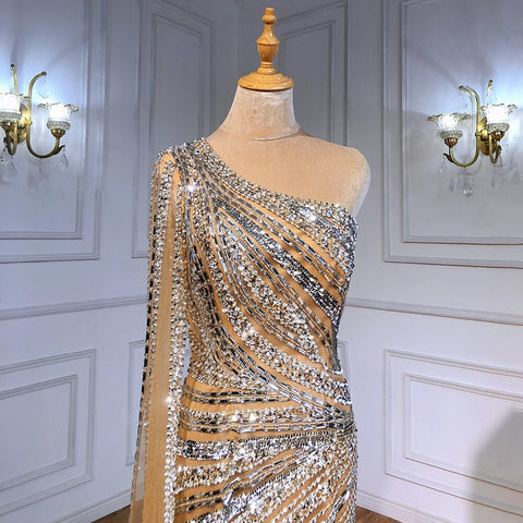 Silver Nude Mermaid Luxury Evening Dresses Gowns 2025 Elegant One Shoulder Beaded For Women Party Night LA71413