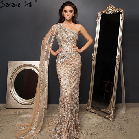 Silver Nude Mermaid Luxury Evening Dresses Gowns 2025 Elegant One Shoulder Beaded For Women Party Night LA71413