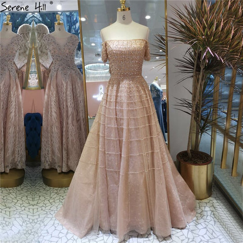 Robe de soirée argentée à épaules dénudées et manches courtes, style A-Line, perles et diamants, Dubaï, LA70263, 2025