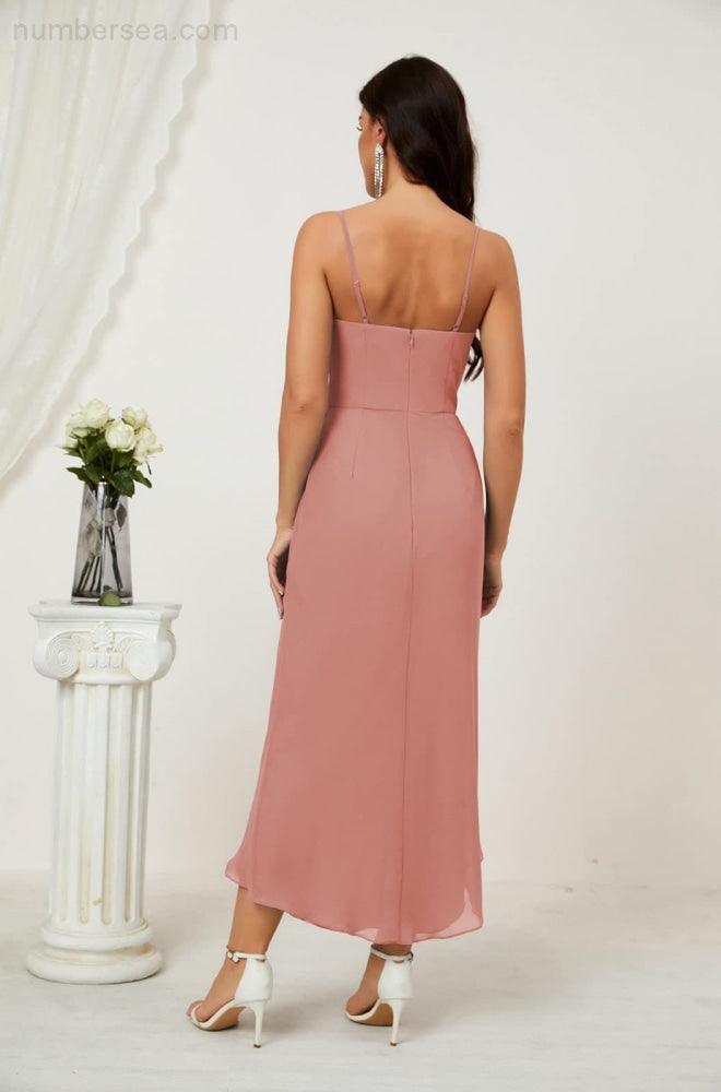 Spaghetti Chiffon V Neck Bridesmaid Dress Mid-Length Slit Formal Prom Dress Homecoming Dress 2803