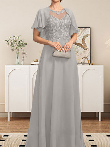 A-line Scoop Illusion Floor-Length Lace Chiffon Mother of the Bride Dress With Sequins