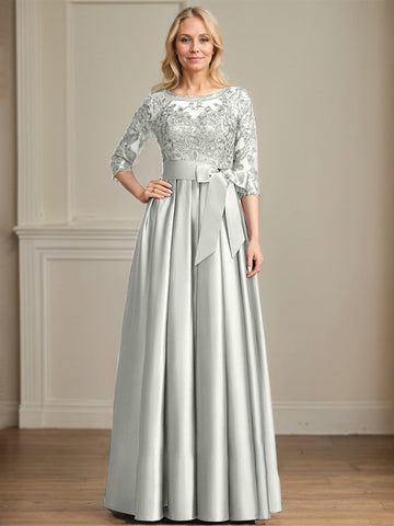 A-line Scoop Illusion Floor-Length Satin Lace Mother of the Bride Dress With Sequins Bow