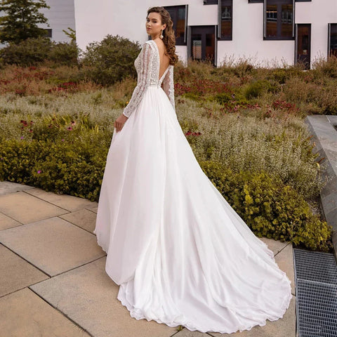 Simple Chiffon Boho Wedding Dresses Deep Sexy V Neck Long Sleeves Flowy Bohemian Bridal Wedding Gowns Backless A Line Robe Maria