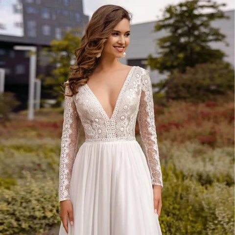 Simple Chiffon Boho Wedding Dresses Deep Sexy V Neck Long Sleeves Flowy Bohemian Bridal Wedding Gowns Backless A Line Robe Maria
