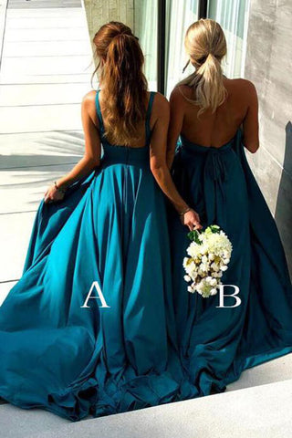 Simple Blue A-line V-neck Long Bridesmaid Dresses With High Slit