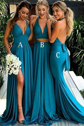 Simple Blue A-line V-neck Long Bridesmaid Dresses With High Slit