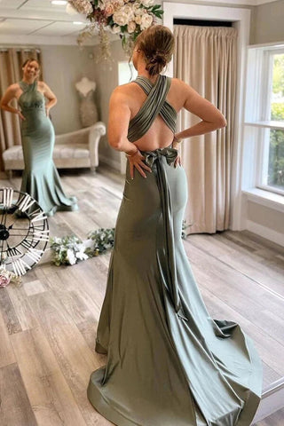 Simple Gray Green Mermaid Satin Long Bridesmaid Dresses With Train