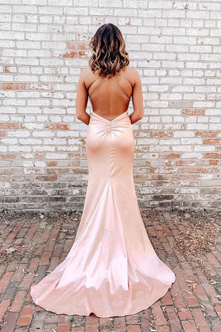 Simple Pearl Pink Mermaid Spaghetti Straps V-neck Long Prom Dresses