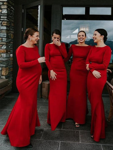 Baoleely Simple Mermaid Long Red Bridesmaid Dresses with Sleeve