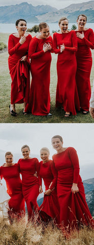 Baoleely Simple Mermaid Long Red Bridesmaid Dresses with Sleeve