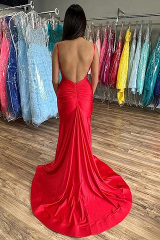 Simple Satin Mermaid V-neck Prom Dresses With Slit, Party Dresses