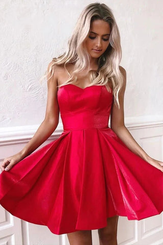 Simple Satin Strapless Sweetheart A-line Short Homecoming Dresses