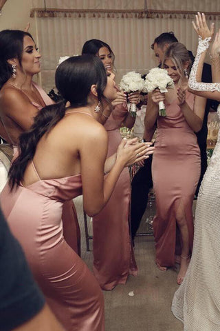 Simple Sheath Pink Sleeveless Long Bridesmaid Dresses With Side Split