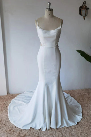 Robe de mariée sirène en satin à fines bretelles spaghetti, modèle WD672