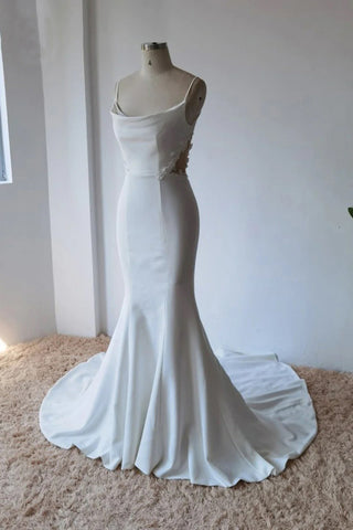 Robe de mariée sirène en satin à fines bretelles spaghetti, modèle WD672