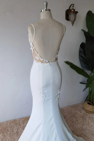 Robe de mariée sirène en satin à fines bretelles spaghetti, modèle WD672
