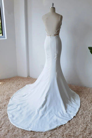 Robe de mariée sirène en satin à fines bretelles spaghetti, modèle WD672