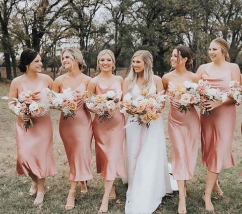 Simple Spaghetti Straps Silk Satin Bridesmaid Dresses Open Back