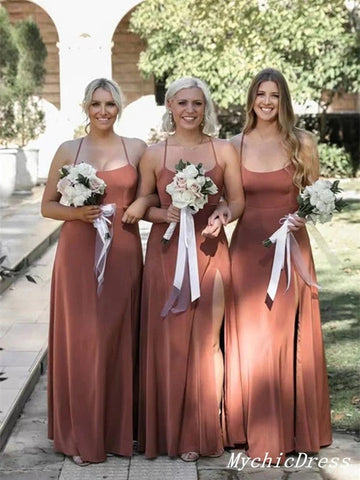 Baoleely Simple Cheap Long Dusty Pink Bridesmaid Dresses Spaghetti Straps Cross Back