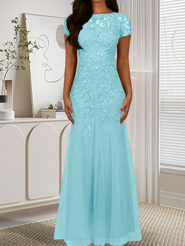 Dark Navy Mermaid Scoop Sequins Tulle Dress