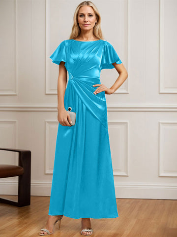 A-line Scoop Ankle-Length Stretch Satin Mother of the Bride Dress With Pleated Beading