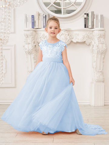 A-line Lace Tulle Sweep Train Pink Flower Girl Dress
