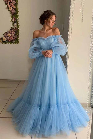 Vestidos de graduación de tul corte A con hombros descubiertos, vestido largo formal