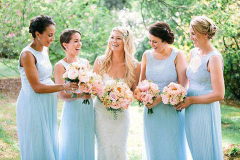 Sky Blue Chiffon A-line Round Neck Lace Top Bridesmaid Dresses