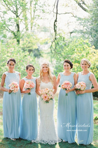 Sky Blue Chiffon A-line Round Neck Lace Top Bridesmaid Dresses