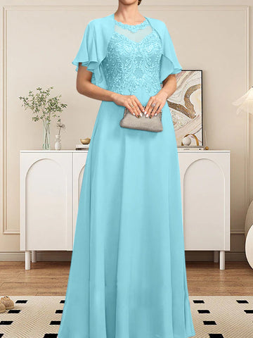 A-line Scoop Illusion Floor-Length Lace Chiffon Mother of the Bride Dress With Sequins