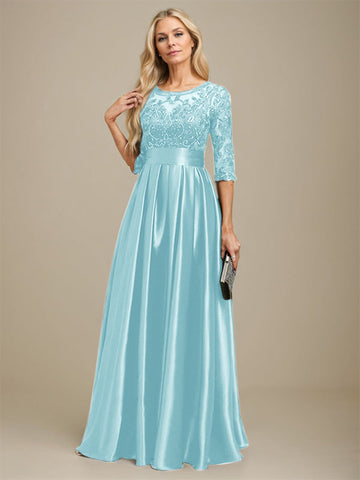 A-line Scoop Illusion Floor-Length Stretch Satin Lace Mother of the Bride Dress With Bow Sequins