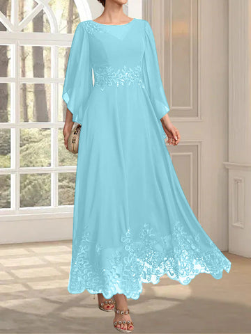 A-line Scoop Illusion Ankle-Length Lace Chiffon Mother of the Bride Dress With Sequins