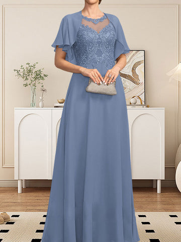 A-line Scoop Illusion Floor-Length Lace Chiffon Mother of the Bride Dress With Sequins