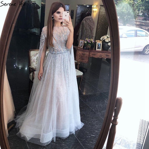 Sliver Arabic Luxury Beading Cape Sleeves  A-Line Evening Dresses 2025 O-Neck A-Line Sexy Evening Gowns cerene Hill LA60869