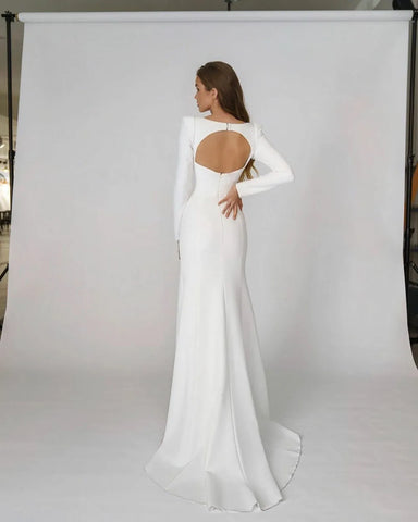 Elegant Satin Mermaid Wedding Dress Square Neck Long Sleeves Backless Party Bridal Dress Bride Dress Vestido De Noiva