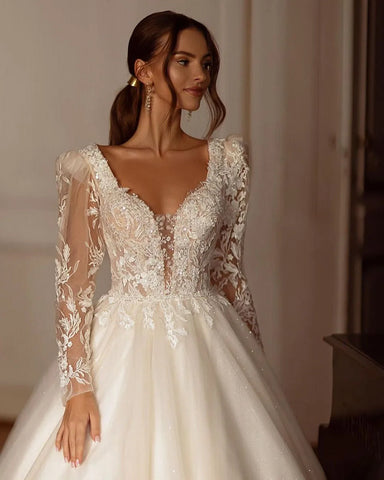 Robe de mariée champagne à paillettes, manches longues, appliques en dentelle, robe de mariée moderne en tulle, vestidos de novia 