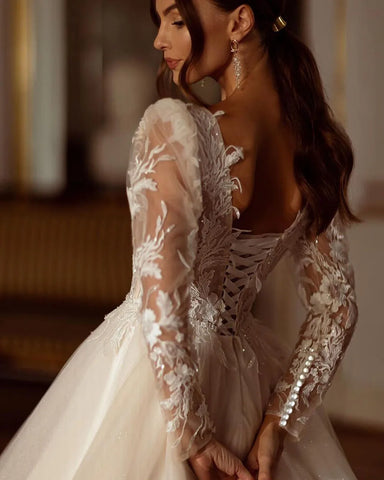 Robe de mariée champagne à paillettes, manches longues, appliques en dentelle, robe de mariée moderne en tulle, vestidos de novia 