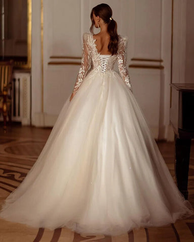 Robe de mariée champagne à paillettes, manches longues, appliques en dentelle, robe de mariée moderne en tulle, vestidos de novia 